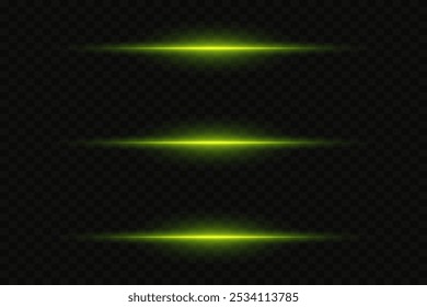 Collection of horizontal flares and highlights. Neon laser lines of light. On a transparent background.