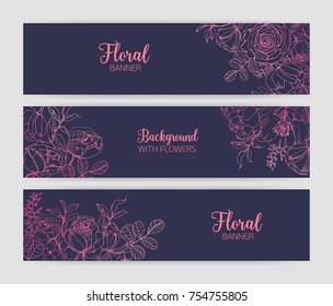 Collection of horizontal floral banners with gorgeous blooming rose flowers and leaves hand drawn with pink contour lines on dark background. Beautiful botanical vector illustration for advertisement.