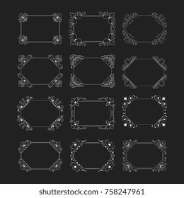 Collection horizontal floral vintage frame on black background. 