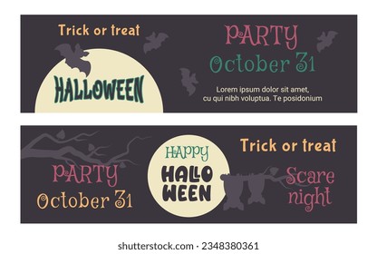 Collection of of horizontal flyer, poster, invitation. Halloween set with hand drawn Cartoon moon, silhouette of bat, tree.  Autumn holiday of dead. Vector illustration