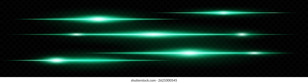 Collection of horizontal green neon lens flares isolated on black transparent background. Futuristic abstract light beams, perfect for digital effects, UI, banners. EPS vector illustration.