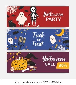 Collection of horizontal holiday web banner templates with Halloween characters. Colorful vector illustration in flat cartoon style for party announcement, festive sale promotion or advertisement.