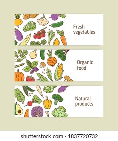 Collection of horizontal line art banners with organic healthy vegetables and greens. Set of colorful backgrounds with vegetarian natural products. Vector linear illustration
