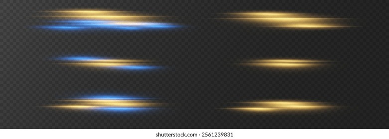 Collection of horizontal lines of light, laser beam flash. On a transparent background.