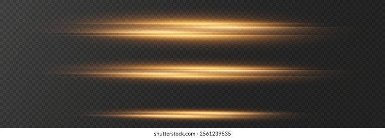 Collection of horizontal lines of light, laser beam flash. On a transparent background.
