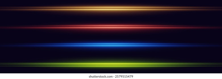 Collection of horizontal neon highlights and line flashes. Vector EPS10