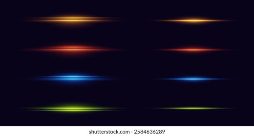 Collection of horizontal neon highlights and line flashes. Vector EPS10