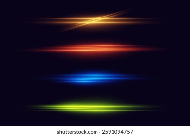 Collection of horizontal neon highlights and line flashes. Vector EPS10