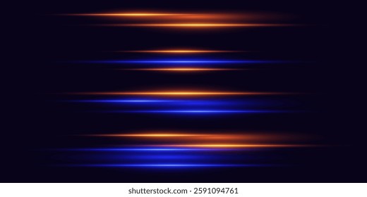 Collection of horizontal neon highlights and line flashes. Vector EPS10
