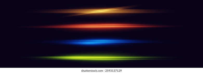 Collection of horizontal neon highlights and line flashes. Vector EPS10