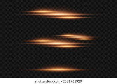 Collection of horizontal neon rays. Luminous light effect. On a transparent background.
