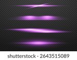 Collection of horizontal purple light rays, purple line flare. EPS 10 vector.