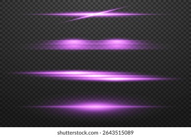 Collection of horizontal purple light rays, purple line flare. EPS 10 vector.