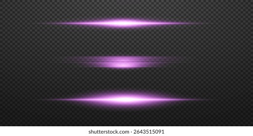 Collection of horizontal purple light rays, purple line flare. EPS 10 vector.
