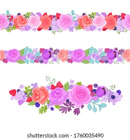 collection of horizontal seamless borders with lilac roses, summer forest berries and cute floral twigs. colorful fashion style of blossom for your design