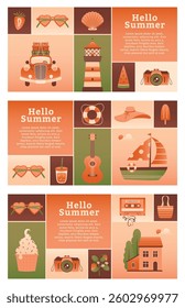 Collection of horizontal summer banners with geometric patterns of vector illustrations. Ice cream cone, rural cottage, lighthouse, ship, camera, strawberry bush, sunglasses, beach bag. Hello Summer.