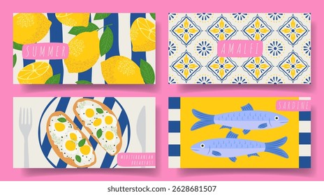 Collection of horizontal summer banners. Vector illustration with bright cards with sardines, lemons, Italian Mediterranean tiles, breakfast. Concept backgrounds for party, holiday, event, invitation.