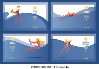 Collection of horizontal vector sport banners good for pool courses, classes and swimming studio. Cardio training women in blue waves