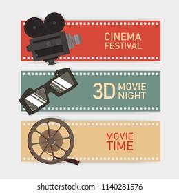 Collection of horizontal web banner templates with retro camera, 3d glasses, reel and film perforation border. Colorful flat vector illustration for cinema festival or movie night advertisement.