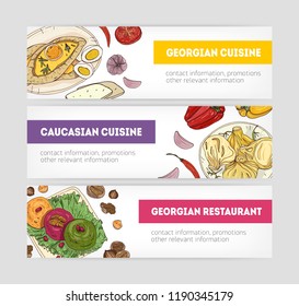 Collection of horizontal web banner templates with delicious meals of Georgian cuisine lying on plates and place for text on white background. Hand drawn vector illustration for restaurant promo.