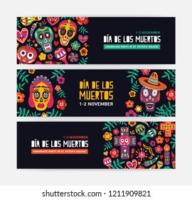 Collection of horizontal web banner templates decorated with Mexican calaveras or skulls, flowers and candles. Festive vector illustration for Day of The Dead party announcement, event celebration.