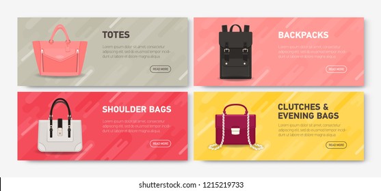 Collection of horizontal web banner templates with stylish backpack and handbags of different types and place for text. Colorful vector illustration for bag store or boutique promotion, advertisement.