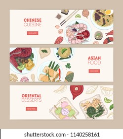 Collection of horizontal web banners with Asian cuisine meals and desserts lying on plates hand drawn on white background. Colorful vector illustration for restaurant or food delivery service promo