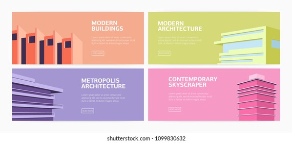 Collection of horizontal web banners modern buildings, skyscrapers of contemporary metropolis architecture and place for text. Flat bright colored vector illustration for promotion or advertisement