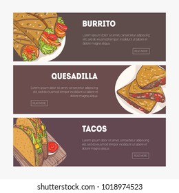 Collection of horizontal web banners with various traditional Mexican meals and place for text - burrito, quesadilla, tacos. Colorful vector illustration for restaurant or food delivery advertisement.