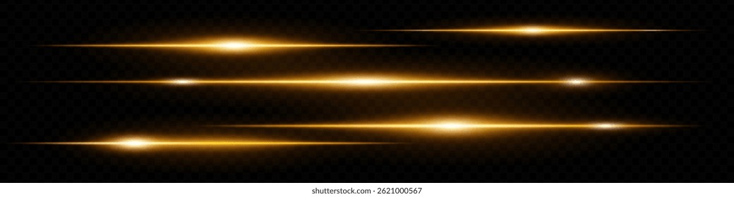 Coleção de clarões de lente de neon amarelo horizontal isolados no fundo transparente preto. Feixes de luz abstratos futuristas, perfeito para efeitos digitais, UI, banners. Ilustração vetorial de EPS.