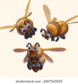 Collection with hornet flying in different positions on warm background. Concept of insects. Collection of angry hornet wasp mascot. Vector illustration in 3d style