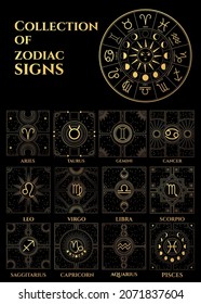 collection of horoscope sign in mystic style, black and gold colours