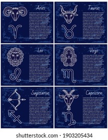 Collection of horoscopes with zodiac signs and information on text. Astrology symbols of taurus and aries, leo and virgo, sagittarius and capricorn. Minimalist set of sketches, vector in flat