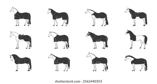 Collection of horse illustrations featuring different rugs in black and white minimalistic style