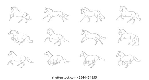 Colección de ilustraciones lineales de caballos en varias poses, que representan el movimiento y la anatomía en un estilo minimalista en blanco y negro.