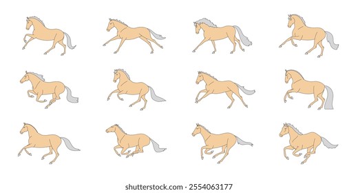 Collection of horse lineart illustrations in various poses, depicting movement and anatomy