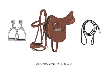 Collection of horse riding equipment includes a brown leather saddle, metal stirrups, and a bridle set against a white background.