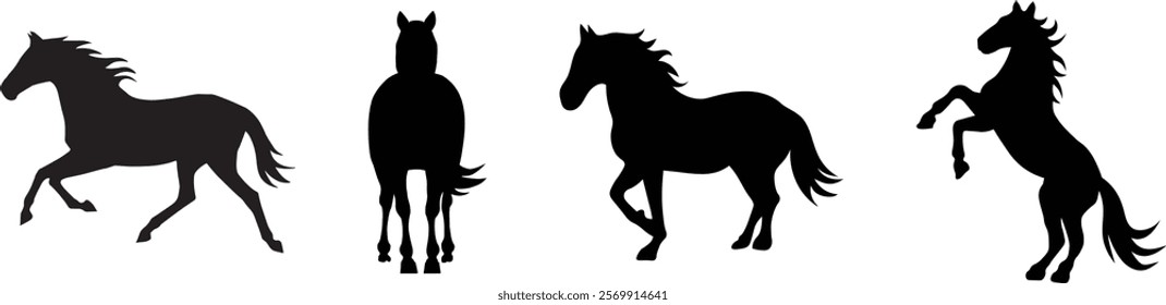 Collection of horse silhouettes, 4 different poses, simple black design