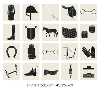 Collection of horseback riding gear and riding attire.