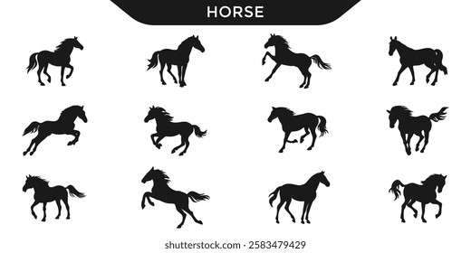 Collection of horses silhouettes vector in various dynamic poses