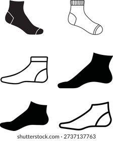 Collection of hosiery illustrations showing crew socks ankle socks and foot silhouettes in flat graphic style. Various perspectives and styles are presented through solid fills and contour lines ideal for laundry icons or retail packaging design elements.