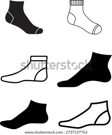 Collection of hosiery illustrations showing crew socks ankle socks and foot silhouettes in flat graphic style. Various perspectives and styles are presented through solid fills and contour lines ideal for laundry icons or retail packaging design elements.