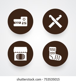Collection Of Hosiery, Knitting Machine, Store And Other Elements.  Set Of 4 Handcraft Icons Set. 