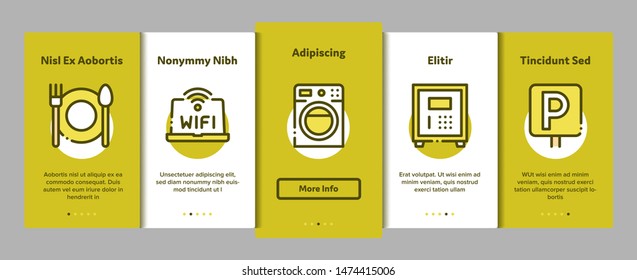 Collection Hostel Vector Onboarding Mobile App Page Screen. Building Hostel And Location, Calendar And Parking Symbol, Bed And Laundry Machine Linear Pictograms. Wifi Internet Illustrations