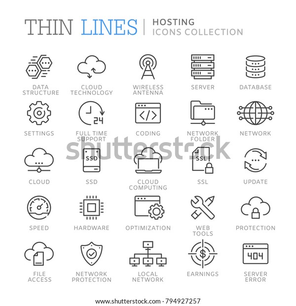 Collection of\
hosting thin line icons. Vector eps\
8