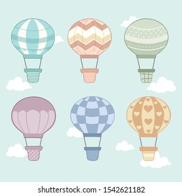 The collection of hot air balloon in any style on the sky and cloud set in flat vector style. Graphic resource about transportation.