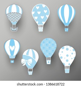 Collection of hot air balloons. Cute baby illustration. Vector travel concept. Icon design, wall stickers, design for kids. Vector illustration.