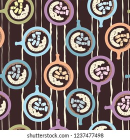 Collection of hot chocolate mugs with marshmallows viewed from above abstract seamless pattern background. Ideal for fabric, kitchenware, home decor, apparel and accessories, wallpaper, paper goods