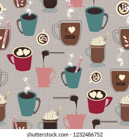 Collection of hot cocoa and hot chocolate mugs arranged in a seamless repeat pattern background . Perfect for fabric, kitchenware and decor, wallpaper, home, wrapping paper, packaging