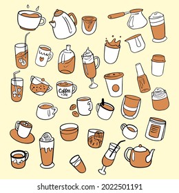 Collection of  hot drinks and beverage. Brewing or pouring green and black or matcha tea, cacao, espresso coffee with sugar. Flat vector cartoon illustration isolated.